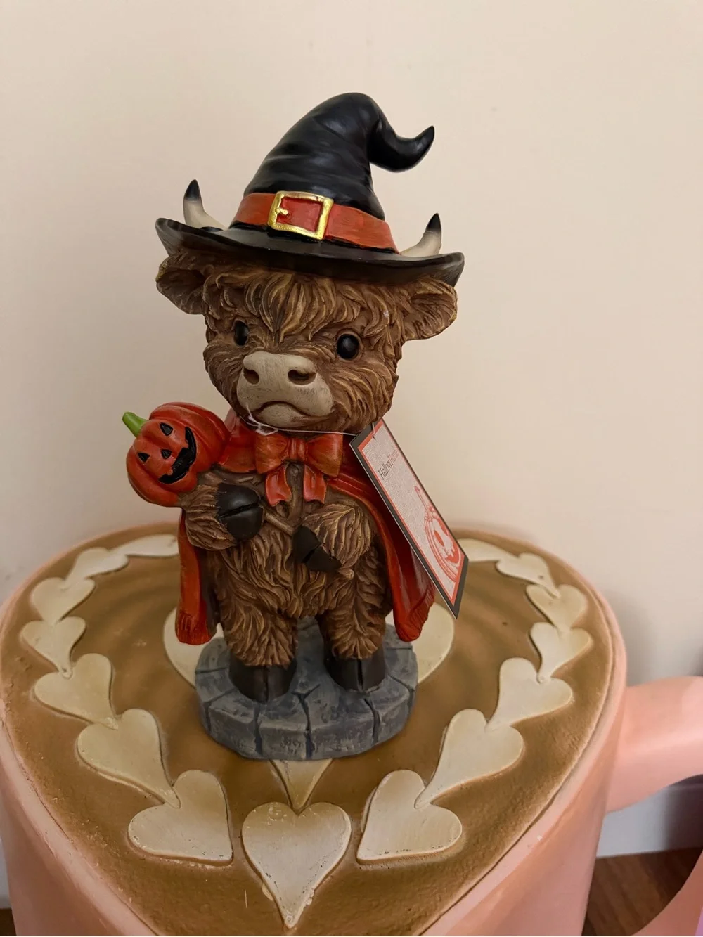 HallowHome Halloween Resin Highland Cow with Witch Hat & Pumpkin